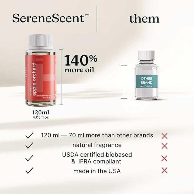 Homedics SereneScent Waterless Diffuser Oil Refill — Apple Orchard (120ml). Uplifting Home Fragrance. Compatible with SereneScent Diffusers. Easy Twist Plug & Play.