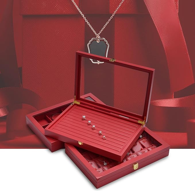 Oirlv Luxury Leather Necklace Bracelet Organizer Tray with Acrylic Lid Jewelry Display Case Drawer Insert Jewelry Organizer for women