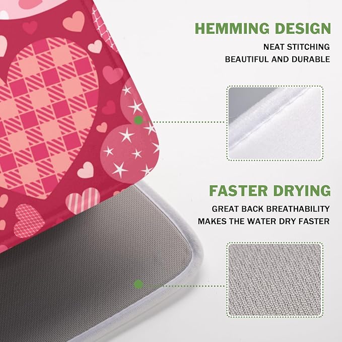 ABSOP Valentine's Day Dish Drying Mat 16 x 18 Inch Heart Shaped Pattern Dish Drying Pad Absorbent Microfiber Mats for Red Dish Rack Pad for Kitchen Counter Coffee Bar Decor