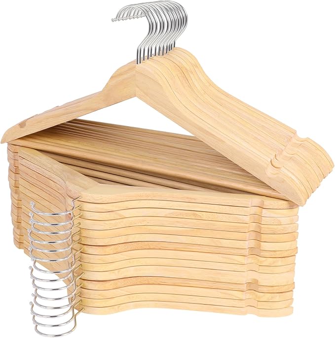 Solid Wood Hangers - 30 Pack with 360 Swivel Chrome Hook, Smooth Finish & Precisely Cut Notches, Slim Wooden Coat Hangers for Closet, Natural
