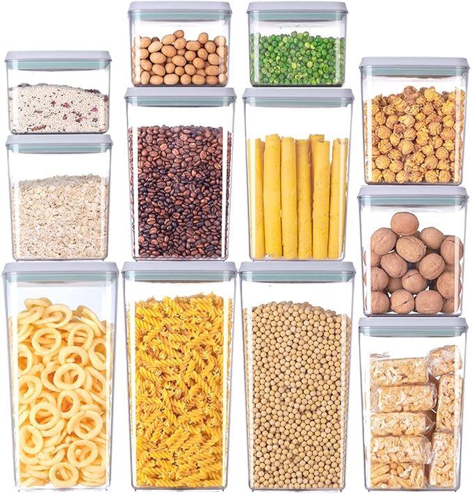 EQI 12 Pcs Pop Airtight Food Storage Containers with Lids for Kitchen Pantry Organization Stackable Cereal Snacks Flour Sugar Coffee Spaghetti (1.2, 2.0, 2.7, 3.3qt)*3