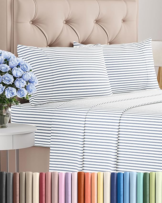Twin XL 4 Piece Sheet Set - Comfy Breathable & Cooling - Soft Hotel Luxury Bedding Set with 8-16 Inch Deep Pockets - 1 Flat & 1 Fitted Sheet & 2 Pillowcases - Wrinkle Free & Easy Care - Blue Stripes 2