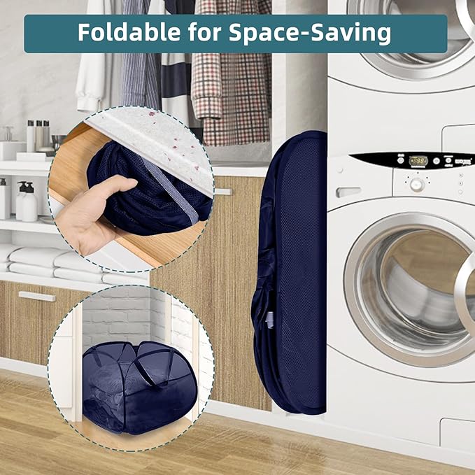 Collapsible Laundry Baskets, 90L Large Foldable Laundry Basket, Durable Mesh Pop Up Hampers for Laundry, Dirty Clothes Laundry Hamper for Bedroom, Bathroom, Dorm, Laundry Room, Travel or Camping Navy