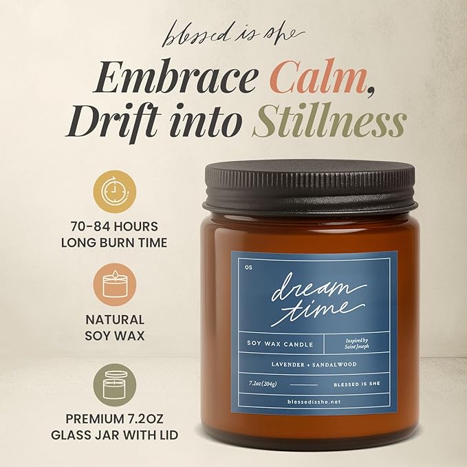 Blessed is She Dream Time 7.2 Oz Crackling Candles for Women/Men - Lavender and Sandalwood Scented Candle for Home in Reusable Glass Jar - Long Burning Soy Candles, 70-84 Hours of Cozy Ambiance