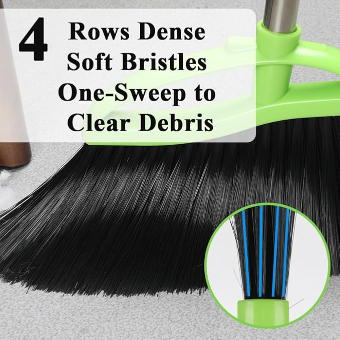 3 Pack Soft Bristle Angle Broom for Floors - Wide Indoor Heavy Duty Broom with 38"-53.5" Adjustable Handle, Kitchen & Restaurant Use for Hardwood, Porch (Gray, Yellow, Green)