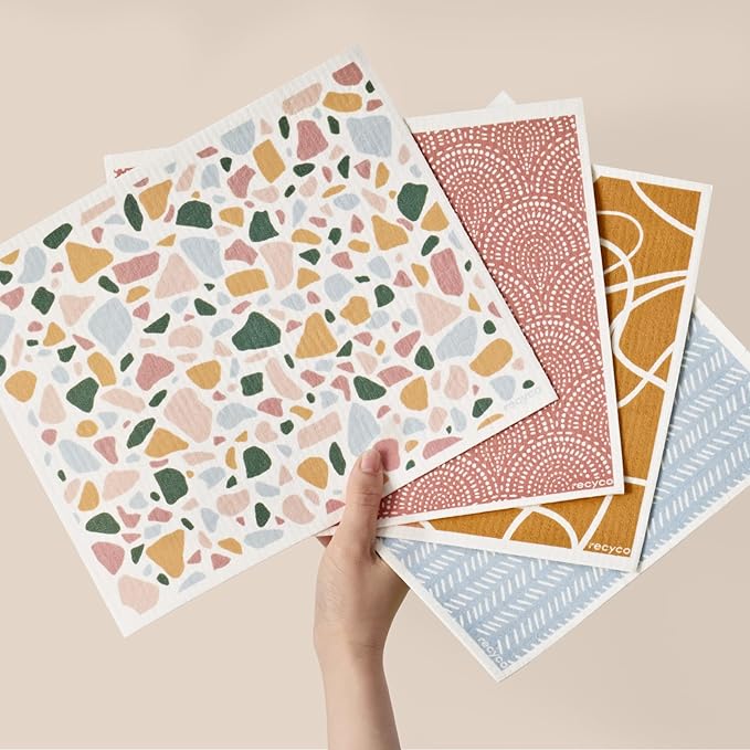 RECYCO Swedish Dishcloths for Kitchen | 4 Pack Oversized Washable Dish Rags | Large Cellulose Reusable Cleaning Paper Towels | Absorbent Counter Dish Cloth Sponge XL Kitchen Wipes, 12" L x 10" W