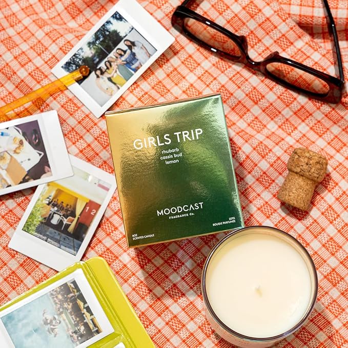 Moodcast Girls Trip Scented Candle - Aesthetic Candle for Home, Lemon, Rhubarb & Cassis Bud, Clean Coco Wax Blend, Vegan, Paraben Free, 45-Hour Long Lasting Burn - 8oz