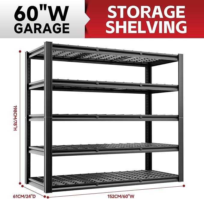 cynnda 5-Tier 60”W x 24”D x 78”H Garage Shelving Adjustable Metal Storage Shelves 3000LBS Garage Shelving Heavy Duty Utility Shelf Unit Storage Racks for Warehouse(Black)