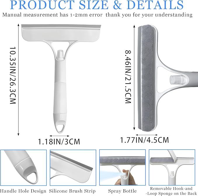 3 in 1 Window Cleaning Scraper with Spray,Glass Squeegee with Removable Hook-and-Loop Scrubbing Sponge,Mirror Cleaner Tool for Home,Car Windshield,Shower Glass,Easy Scrubbing & Streak-Free Cleaning
