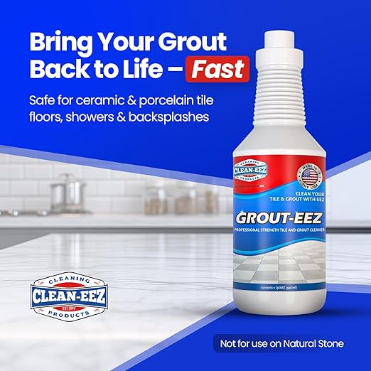 Clean-eez Grout-eez Tile Cleaner with Stand-Up Brush Head – 32 oz Heavy-Duty Stain Remover for Ceramic and Porcelain Floors – Safe for Colored Grout – Not for Natural Stone – Pole Not Included