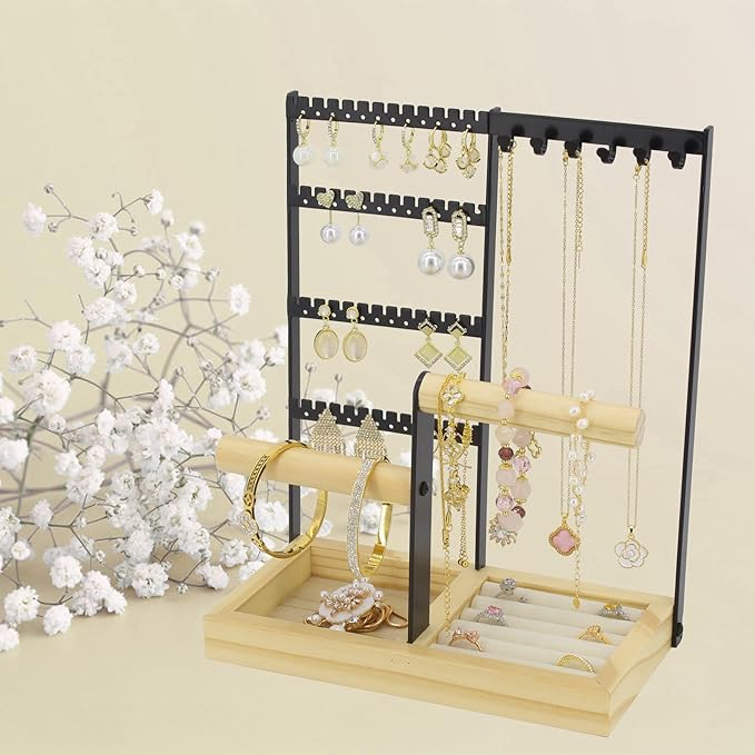JONKASIPA Jewelry Holder Organizer Jewelry Stand, 4-Tier Necklace Stand Earring Holder with Wooden Tray, Jewelry Rack for Bracelets Watches and Rings Display Stand, Gifts for Women & Girls-Black