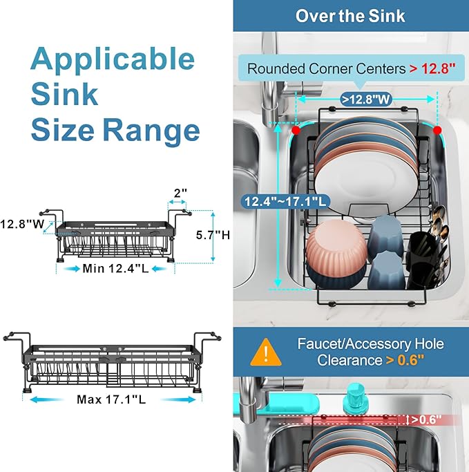 iSPECLE Expandable Dish Drying Rack with Silicone Sink Protector for Kitchen Sink, Rust Resistant Adjustable Dish Drainer, Arms with Non Slip Rubber, 12.8" W x 12.4"-17.1" L, Black