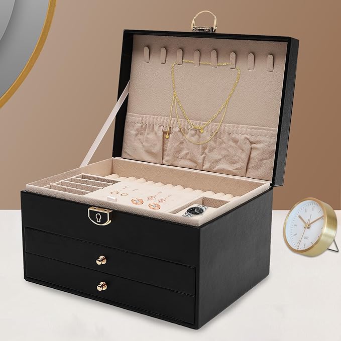 Jewelry Organizer,3 Layers Jewelry Box,Watch Storage Jewelry Case,Jewelry Organizer Pull-Out Drawer Jewelry Storage Case with Lock,Black (Black)