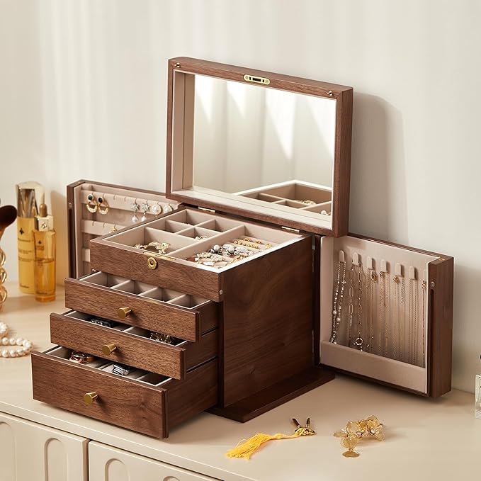 Black Walnut Wooden Jewelry Box, Wood Jewelry Organizer with 2 Side Doors Mirror Lockable Classical Style for Watch Necklace Ring Earring Storage Valentine's Day Gifts-4 Layer