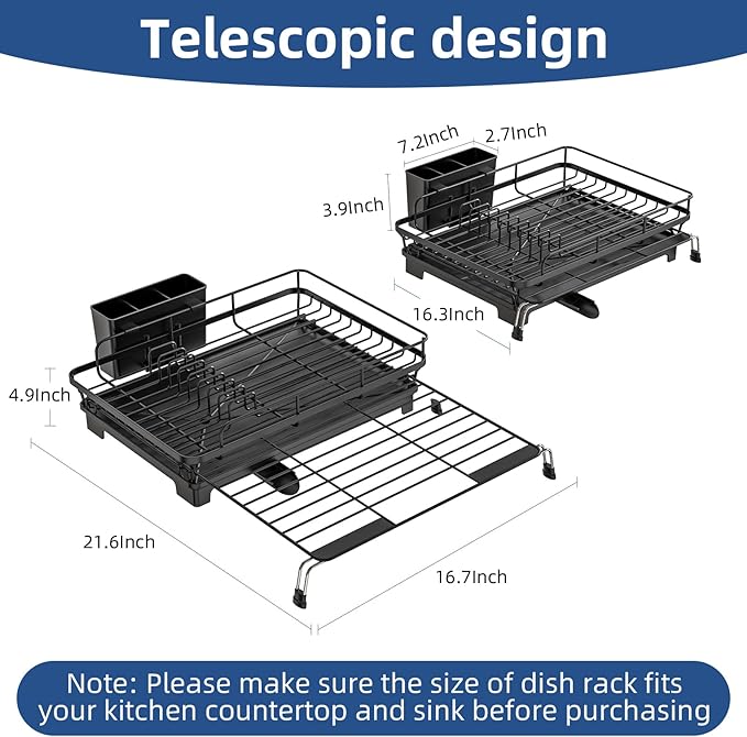 ULAIHOMN Extendable Dish Drying Rack for Kitchen Counter, Rustproof Stainless Steel Dish Rack with 360° Swivel Spout, Large Capacity Expandable Sink Drainer for Bowls, Pots, Silverware - Black