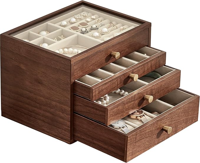 Homruilink Black Walnut Wooden Jewelry Box for Women large 4 Layer Drawer Organizer Box with Glass Lid for Necklaces, Watch, Necklace, Ring, Earring Storage - Valentine's Day Gifts