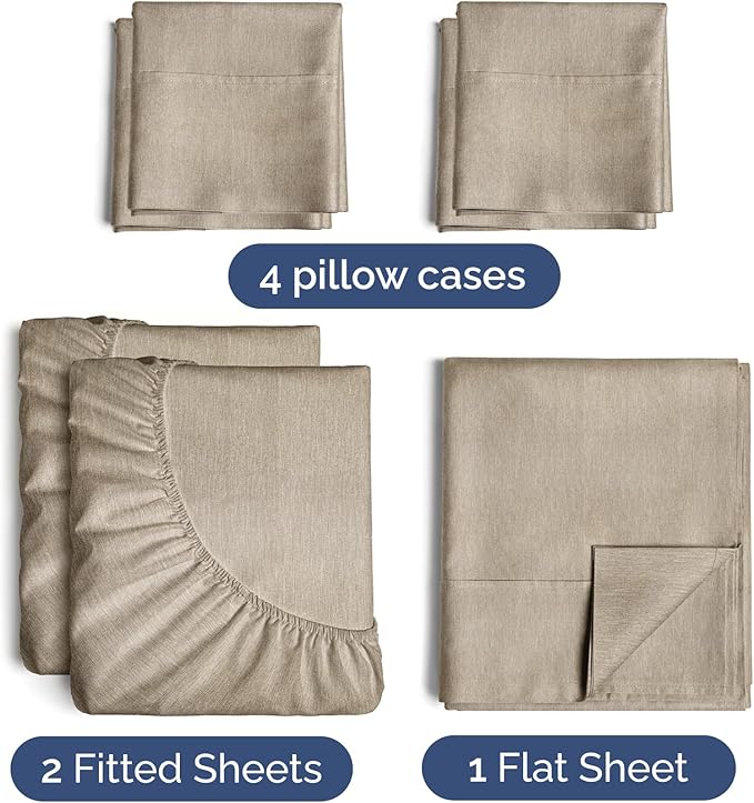 Split King 7 Piece Sheet Set - Comfy Breathable & Cooling - Soft Hotel Luxury Bedding Set w/ 8-16 Inch Deep Pockets - 1 Flat & 2 Fitted Sheet & 4 Pillowcases - Cozy & Wrinkle Free - Heathered Beige