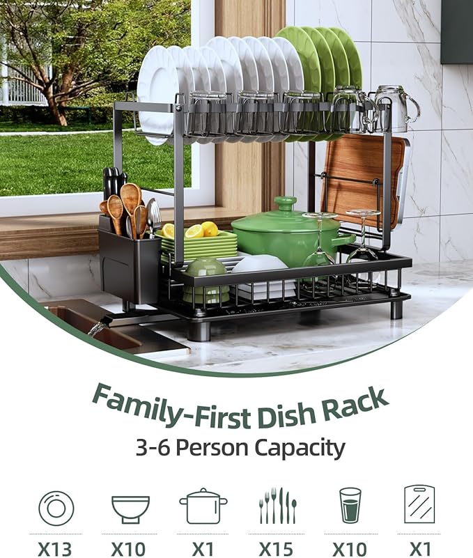 Nfnoyp Dish Drying Rack, 2 Tier Space-Saving Dish Rack, Multifunctional Dish Drainer for Kitchen Counter with Drainboard/Utensil/Cup Holder Rustproof Carbon Steel, Black