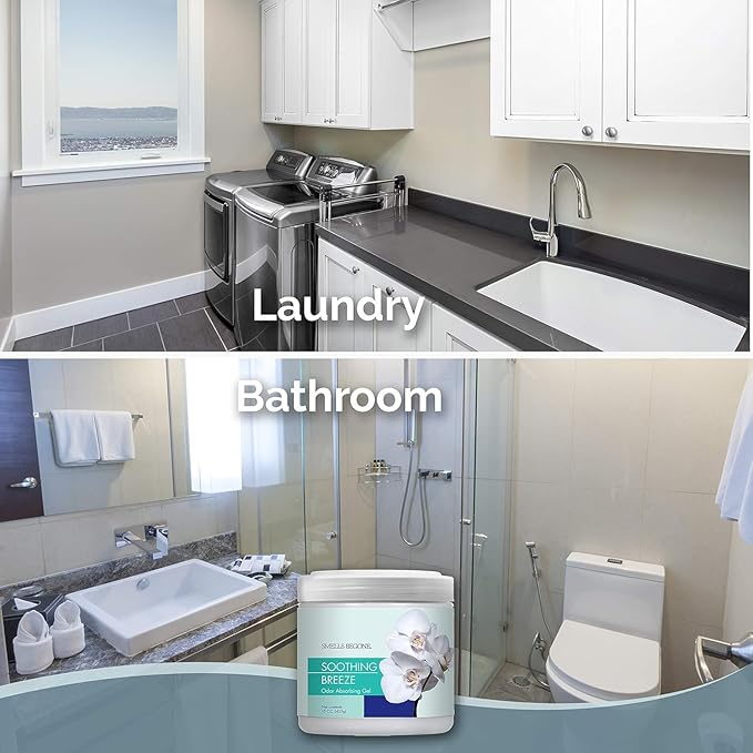 SMELLS BEGONE 15oz Gel Odor Eliminator - Absorb & Remove Tough Odors in Pet Areas, Bathrooms, Basements, Garage, Cars, RVs & Boats - Eliminate Odors Quickly (6-Pack, Soothing Breeze)