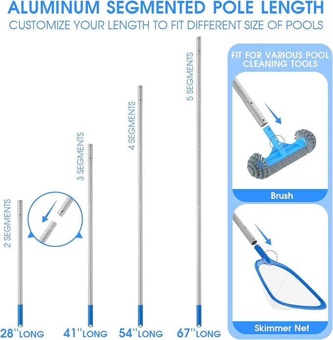 3PCS Cleaning Kit - 12.5'' Brush With Round End & 11'' Skimmer Net Fine Mesh & 5.7 Feet Thick Aluminum Pole 5-Segment, for Above Ground & Inground Pools Ponds