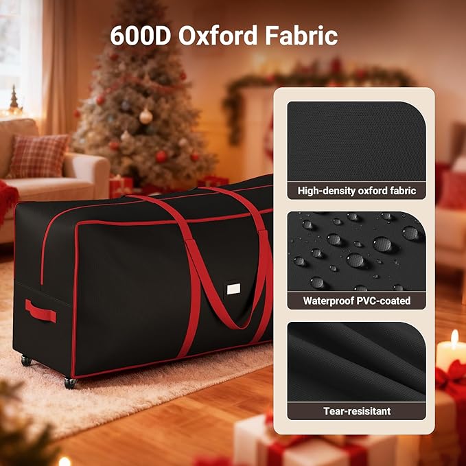 ELYKEN 7.5FT Christmas Tree Storage Bag with Wheels, Rolling Storage Bag for Artificial Christmas Tree and Decorations, Heavy Duty 600D Oxford Fabric, Length-Adjustable Handles, Dual Zippers, Black