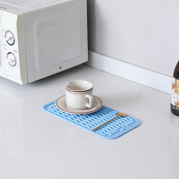 MicoYang Silicone Dish Drying Mat for Multiple Usage,Easy clean,Eco-friendly,Heat-resistant Silicone Mat for Kitchen Counter or Sink,Refrigerator or Drawer Liner Light Blue S 12 inches x 6 inches