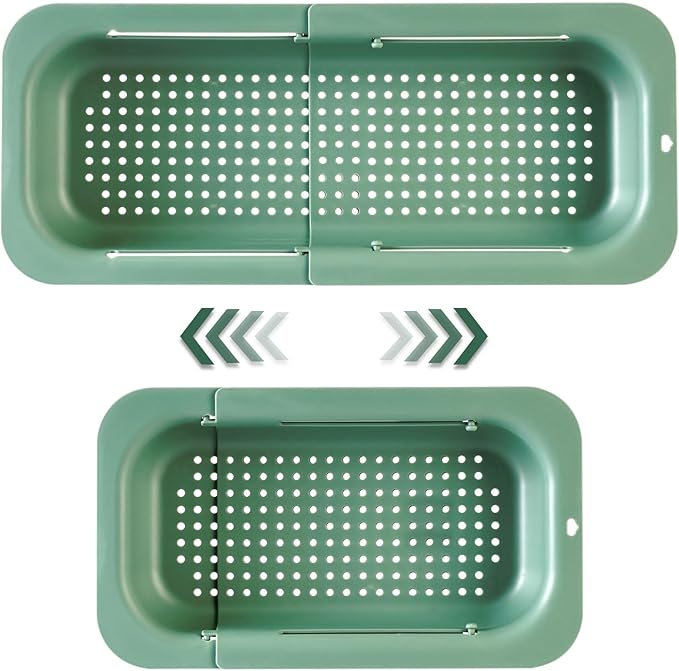 YUNKWONG Extendable Sink Colander Strainer Basket - Wash Vegetables and Fruits, Drain Cooked Pasta and Dry Dishes - Adjustable Over the Sink Colander Collapsible Drainer Basket - Green