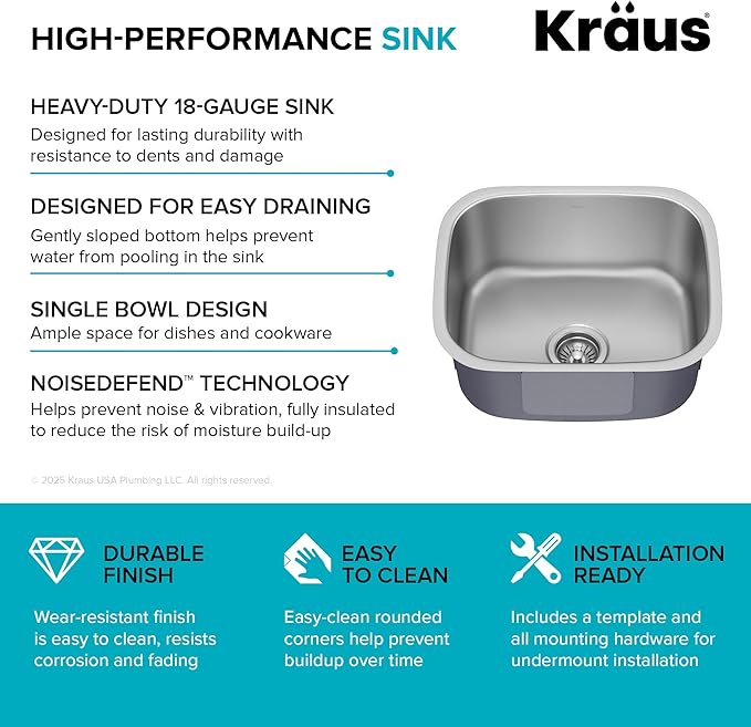 Kraus 19 3/4 Inch Stainless Steel Kitchen Sink, Durable 18 Gauge Single Bowl Kitchen Sinks Undermount, KBU11