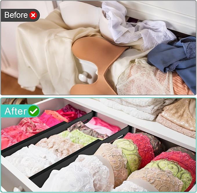 4 Pack Bamboo Kitchen Drawer Dividers with Inserts 2.6" High, Adjustable from 12.5 Inch to 21.7 Inch Drawer Organizers, Expandable Drawer Separators for Clothes, Bedroom, Dresser, Office (Black)