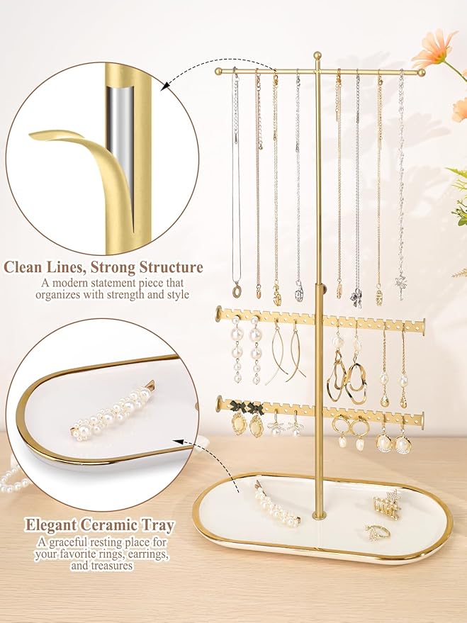 Jenseits Gold Jewelry Organizer Stand with Ceramic Tray – Cute Jewelry Holder for Necklaces, Earrings, Rings & Bracelets, Decorative Jewelry Display for Vanity Dresser, Great Gift for Women & Girls