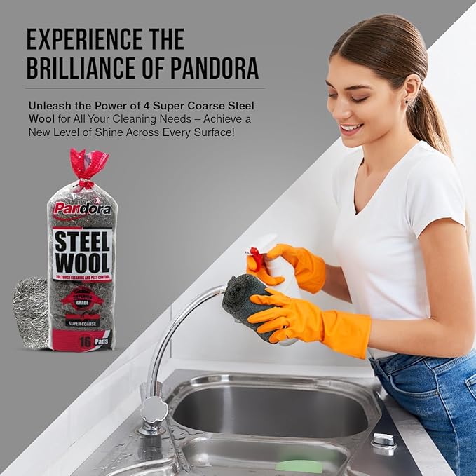 Pandora Steel Wool #4 – Extra Coarse Grade, 240 Pads for Tough Cleaning - Metal Strands - Ideal for Removing Stubborn Paint, Rust, Dirt, and Varnish