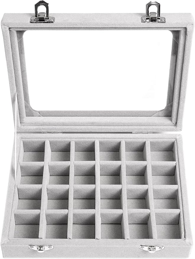 Velvet Jewelry Box 24 Grid Jewelry Earrings Display Organiser Box Ring Tray Holder Earrings Storage Case for Girls Women Wife Mom (Gray)