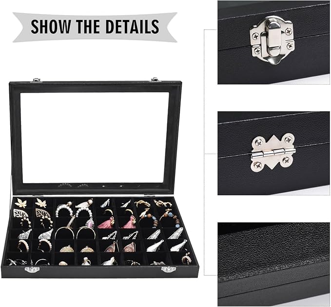 Jewelry Tray Organizer Box 48 Grid Jewelry Display Organizer Box with Transparent Lid Rings Earrings Necklaces Pendants Display Box Suitable for Women and Girls (48 Grid, Black)