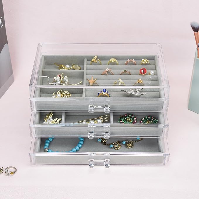 Weiai Acrylic Jewelry Box 3 Drawers, Velvet Jewellery Organizer, Earring Rings Necklaces Bracelets Display Case Gift for Women, Girls