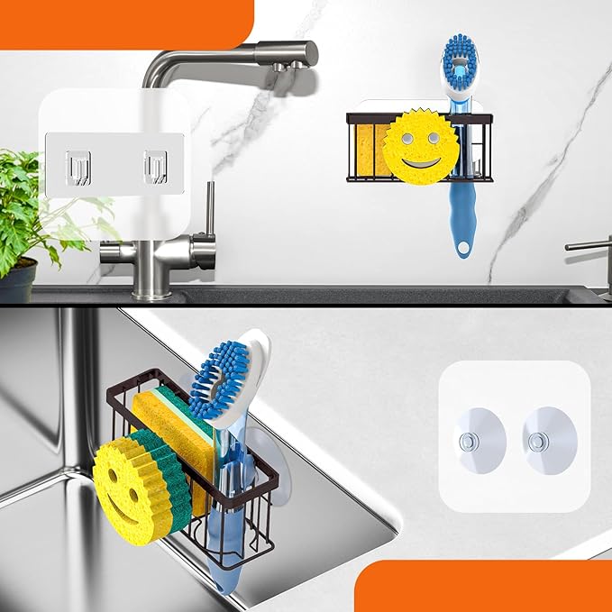 MURLONG Sponge Holder Smiley Face,Sink Caddy,Sink Organizer with 2 Suction Cups/1 Adhesive Strips,Designed for Sponge,Soap,Dish Brush,Scrubber - Bronze