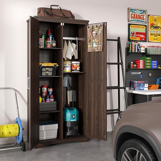 Farmhouse Storage Cabinet with Adjustable Shelves, Large Pantry Organize with 2 Barn Doors, Tall Freestanding Cabinet for Kitchen, Bathroom, Garage, Basement, Living, Utility Room, Rustic Brown