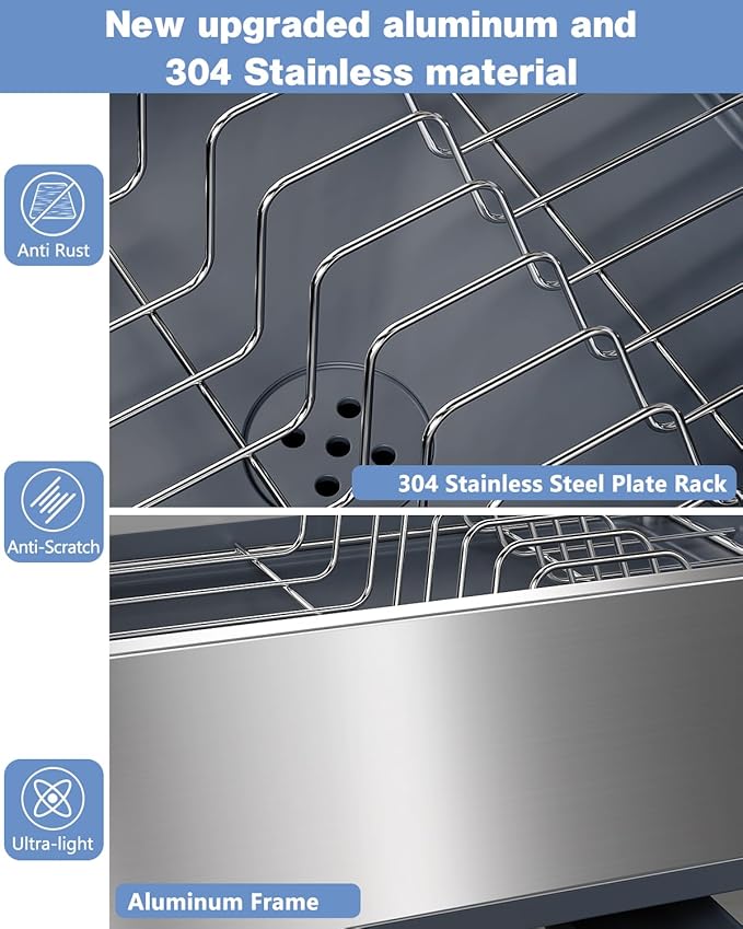 LIONONLY Dish Drying Rack, Thicker Premium Aluminum Frame and 304 Stainless Steel Plate Rack for Kitchen Counter, Automatic Drainage Spout, Dish Drainer & Drainboard Set with Utensil Holder,Gray