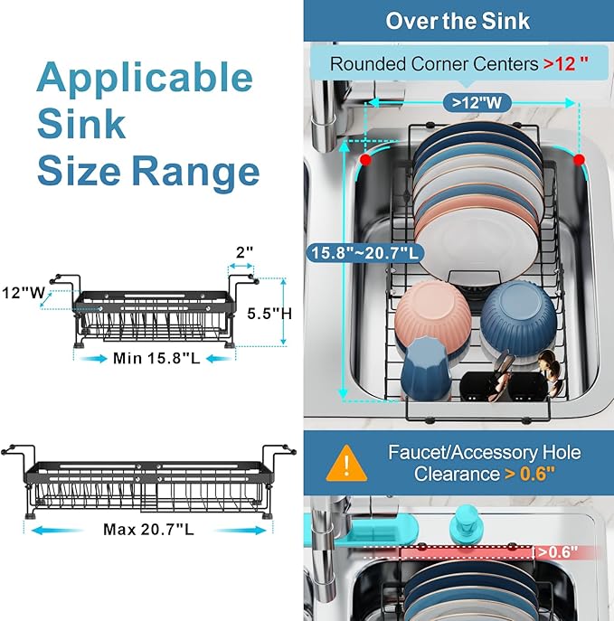 iSPECLE Expandable Dish Drying Rack with Silicone Sink Protector for Large Kitchen Sink, Rust Resistant Adjustable Dish Drainer with Tightening Knob, 12.8" W x 15.8"-20.7" L, Black