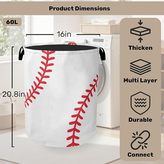 Baseball Large Clothes Hamper Bag - Laundry Basket with Handles, Space Saving Foldable Design for Nursery