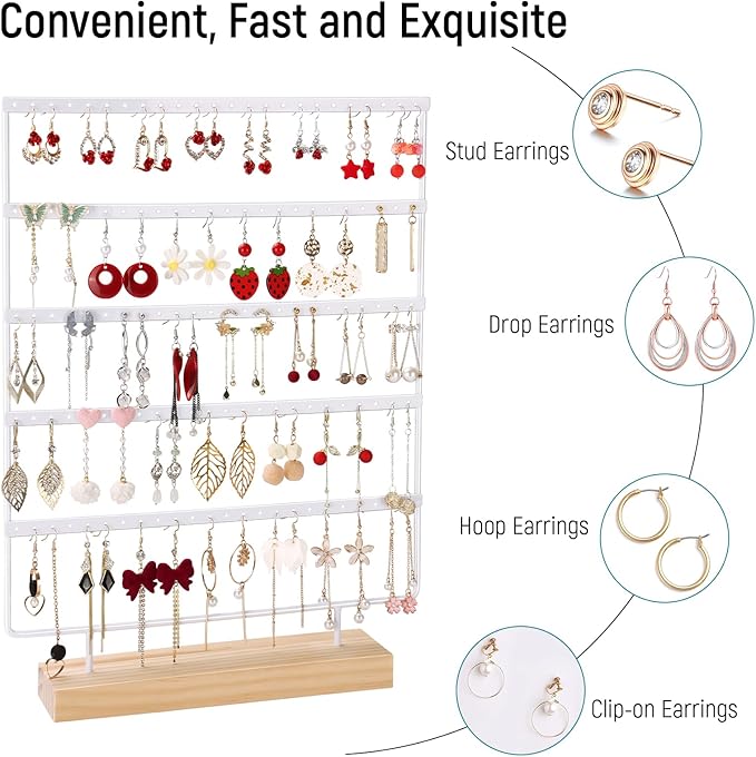 5 Tier 120 Hole Earring Holder Organizer, Rust Proof Metal and Wooden Base Jewelry Organizers and Storage for 60 Pairs of Earrings, Suitable for Home Storage and Sales Display