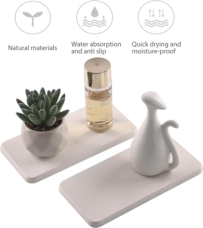 NiuYichee 2 Pcs Water Absorbing Stone Trays, Kitchen/Bathroom Sink Soap Dish, Diatomite Tray Used for Hand Soap & Cosmetic Bottles in The Modern Home, 3.5" W x 7.1" L, White
