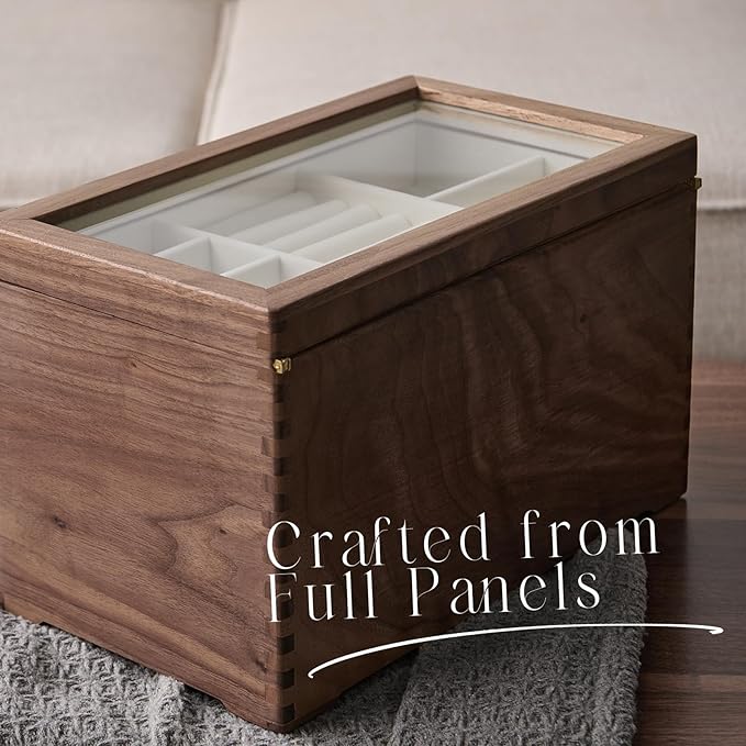 Beexchange Black Walnut Wooden Jewelry Box - Allwood, Handcrafted, Glass Lid 2 drawer. Gift for Women, Men, and Girls. large Jewelry Organizer Storage.(Triple-Layer)