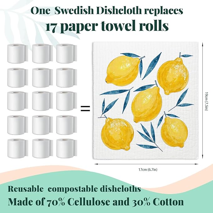 LARTSFRO Lemon Swedish Dishcloths for Kitchen, Swedish Dish Cleaning Cloths for Friut, Papaya Reusable Paper Towels, 4 Pack Dish Towels for Kitchen, Reusable Sponge Cloths Washable