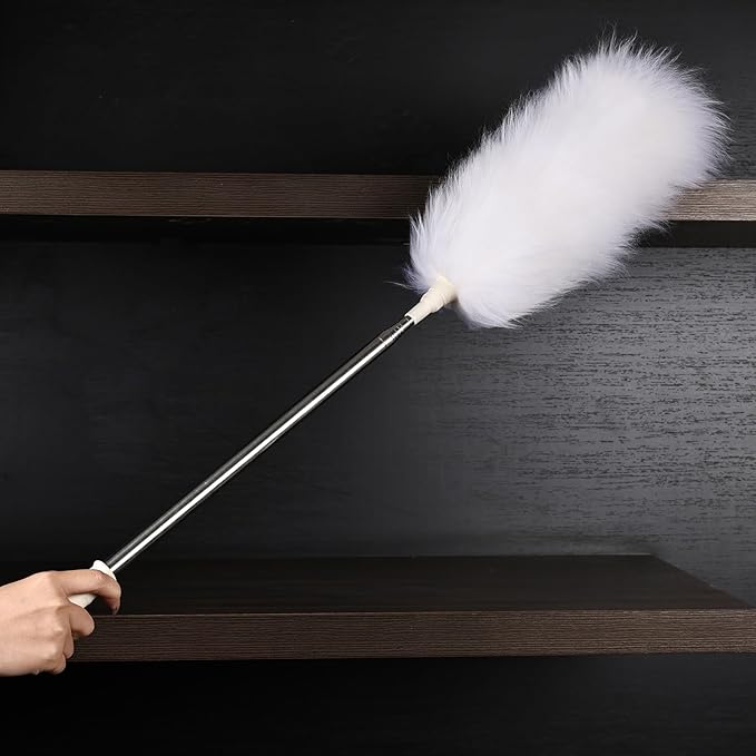 FeelfunFeather Extendable Lambswool Duster 29-110 Inch,Anti-Static Flexible Head, Stainless Steel Pole for Cleaning High Ceiling,Fan,Furniture,Roof Dusting