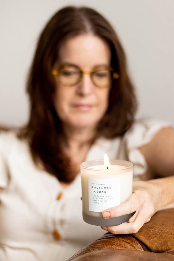 Slow North Lavender + Cedar Candle - Essential Oils and Pure Soy Wax Candle in a Reusable Frosted Glass Jar - A Unique Scented Candle Hand-Poured in The USA (8 oz)