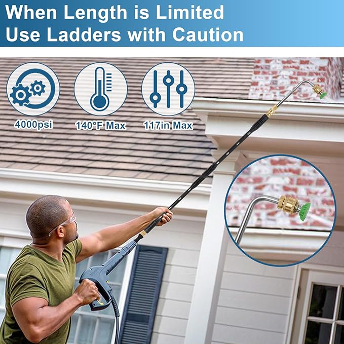 Hoqqf Upgraded Pressure Washer Extension Wand,Up to 115in,4000 PSI Gutter Cleaner Attachment with 6 Tips,1/4"Quick Connect, Leak-Resistant Ring
