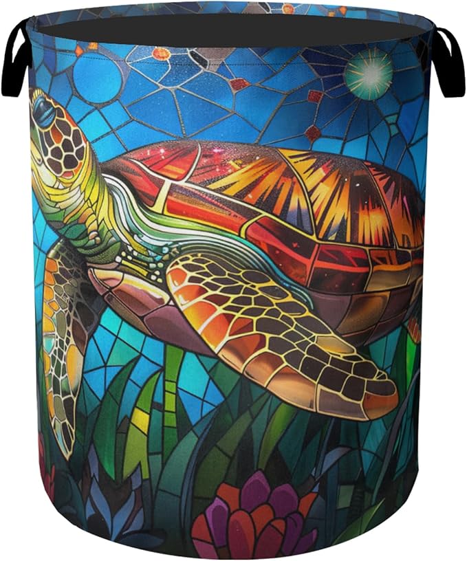 Sea Turtle Foldable Canvas Laundry Basket with Handles - Toy Organizer, Heavy Duty for Home，Bedroom, Dorm, Bathroom