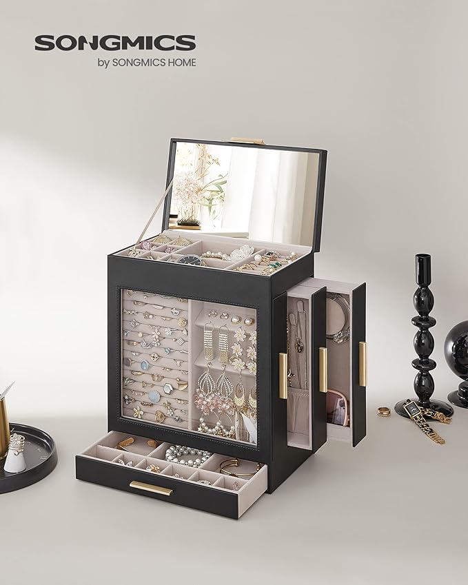 SONGMICS Jewelry Box with Glass Window, 5-Layer Jewelry Organizer with 3 Side Drawers, Jewelry Storage, with Big Mirror, Modern, 6.1 x 10.3 x 12.6 Inches, Ink Black and Metallic Gold UJBC162B02