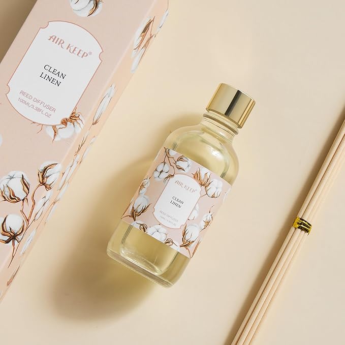 Airkeep Reed Diffuser Oil Set with Reed Sticks, Clean Linen Aromatherapy Oil Scent Diffuser for Home Office Bathroom Decoration Perfume and Gifts 3.38 oz/100ml
