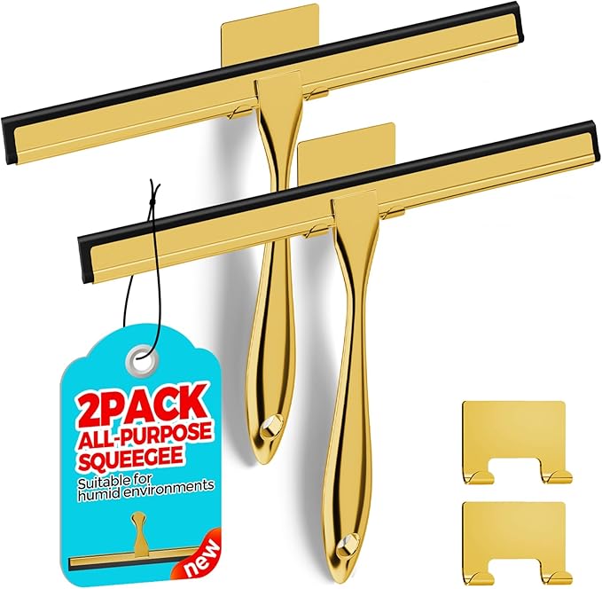 ALFLOD 2PACK 12-Inch Golden All-Purpose Shower Squeegee for Shower Doors, Bath Linen Sets, Tile Shower Walls, Bathroom, Window, Glass and Car Windshield, Mirrors and Kitchen-Stainless Steel
